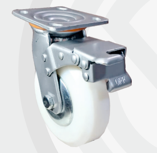 Solid Nylon Swivel with Brake wheel Ø150×50 mm with pressed steel bracket