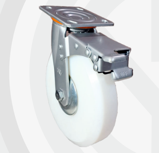 Solid Nylon Swivel with Brake wheel Ø200×50 mm with pressed steel bracket