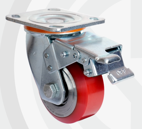 Cast Iron PU Swivel with Brake wheel Ø100×50 mm with pressed steel bracket