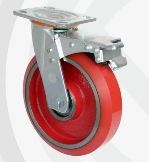 Cast Iron PU Swivel with Brake wheel Ø200×50 mm with pressed steel bracket